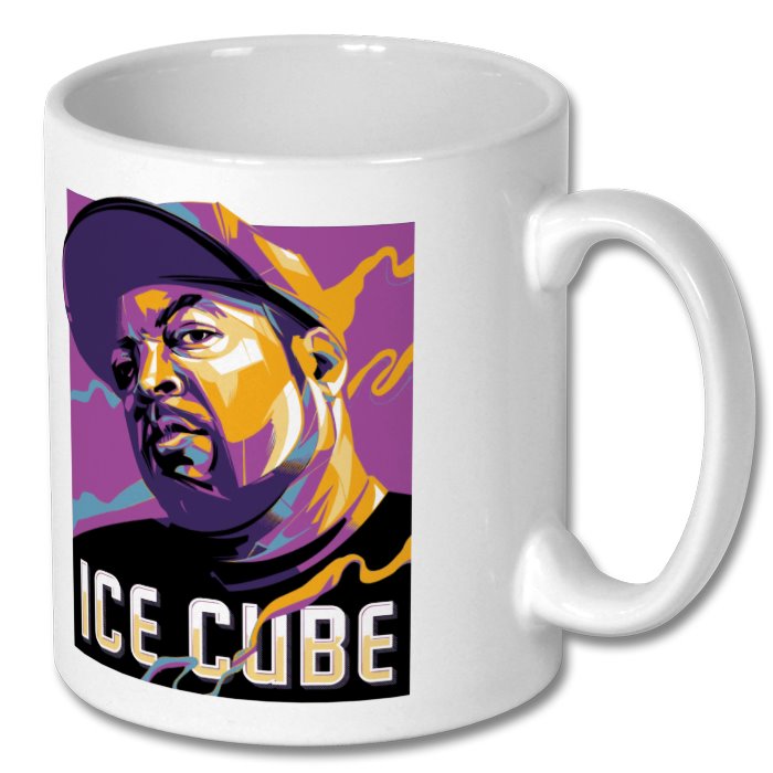 A white ceramic mug with an illustration of Ice Cube, the hip hop artist, on the front side, against a purple and multicolor background with the text 'ICE CUBE' below.