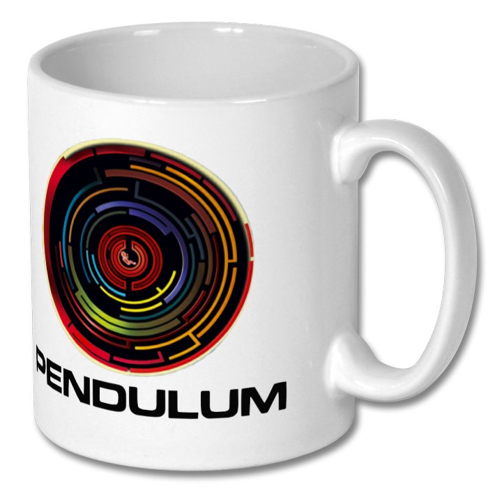 A white ceramic mug with Pendulum In Silco Logo.