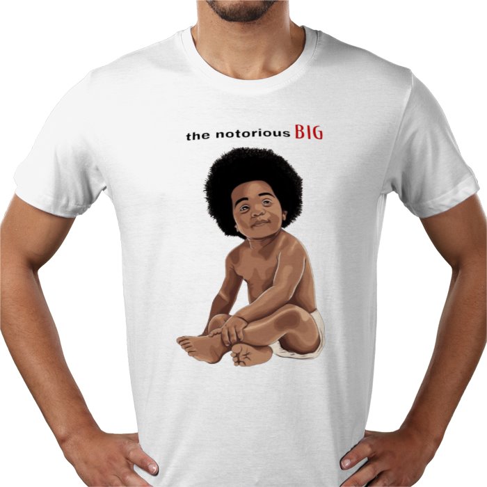 White t-shirt with a graphic of a child and 'the notorious BIG' text on a white background