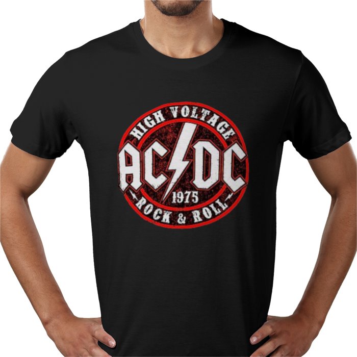Black t-shirt with AC/DC logo and text on a white background