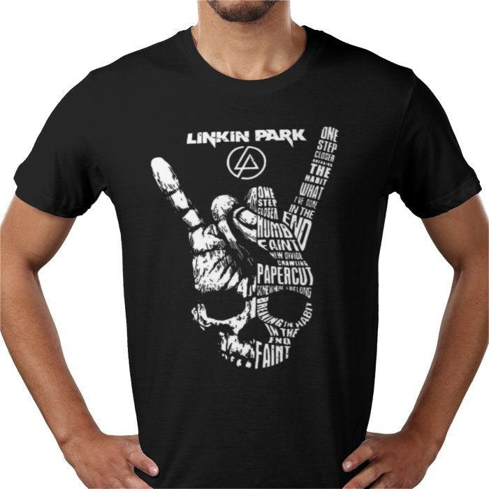Black t-shirt with Linkin Park graphic design on a white background