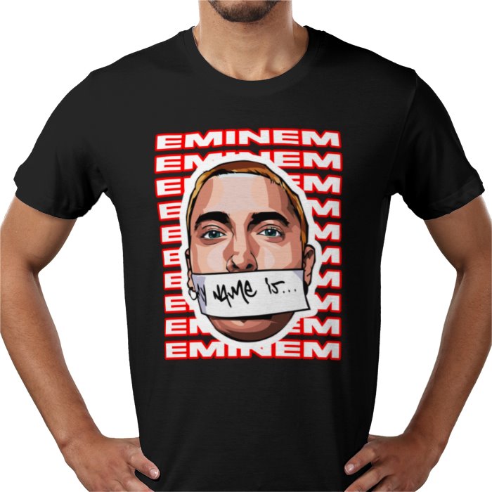Black t-shirt with Eminem graphic and text on a white background