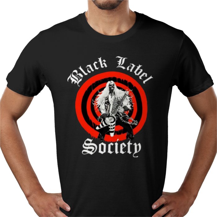Black t-shirt with 'Black Label Society' graphic design on a white background