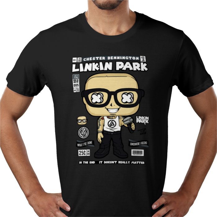 Black t-shirt with Linkin Park graphic design featuring a cartoon character and text.