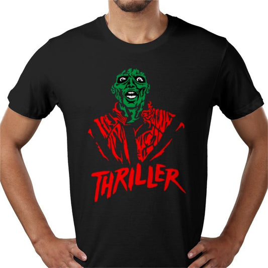 A black t-shirt with a graphic print of Michael Jackson in the movie 'Thriller' style.