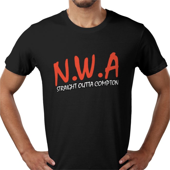 Black t-shirt with red and white text 'N.W.A. Straight Outta Compton' worn by a person.