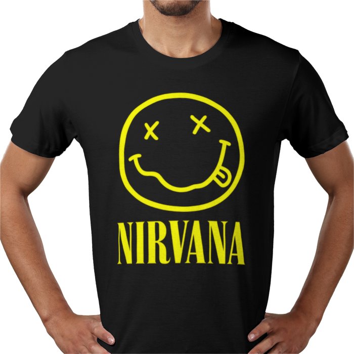 Black t-shirt with yellow Nirvana smiley face design on a white background