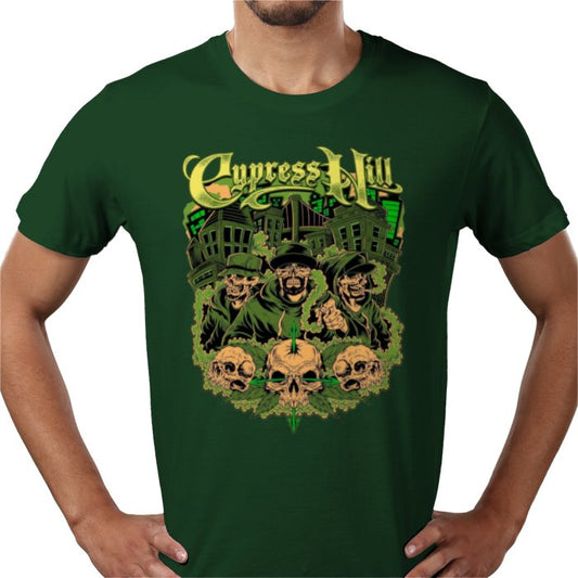 Green t-shirt with Cypress Hill graphic design on a white background