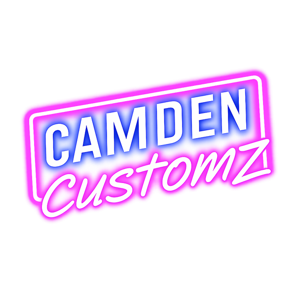 Neon-style logo with 'Camden Customz' text on a white background