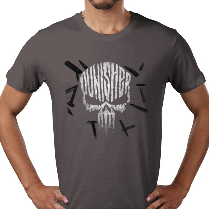 Person wearing a dark gray t-shirt with a skull and crossbones design on a white background