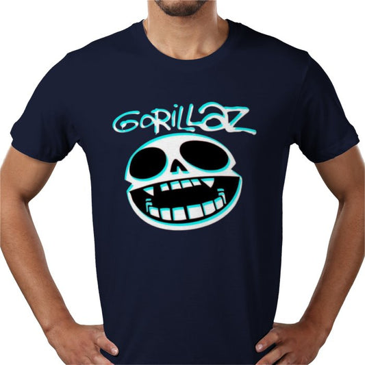 Navy blue t-shirt with 'Gorillaz' logo featuring a skull design on a white background