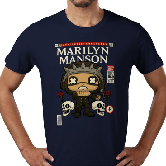 Navy blue t-shirt with cartoon character and 'Marilyn Manson' text on a white background
