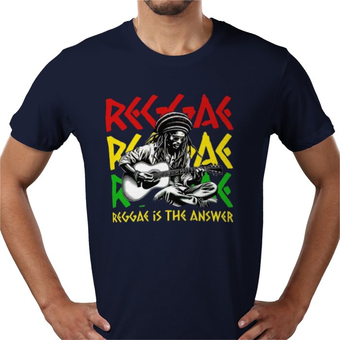 Navy blue t-shirt with a graphic of a person playing guitar and text 'Reggae is the answer' on a white background.