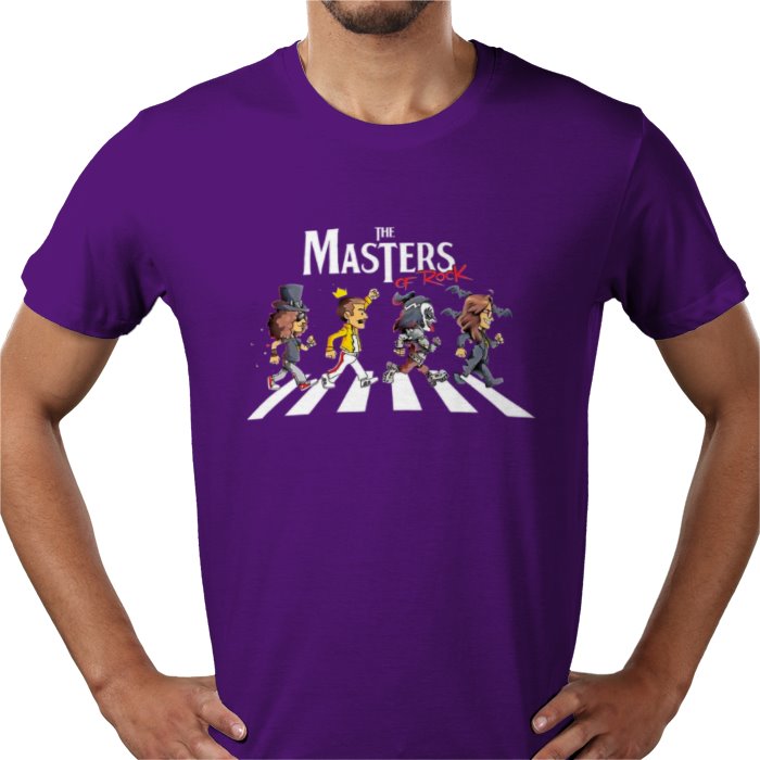 Purple t-shirt with 'The Masters of Rock' graphic design on a white background