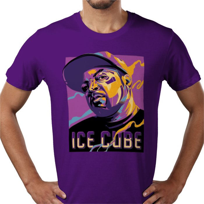 A purple t-shirt featuring a colorful illustration of Ice Cube, the rapper, with a cap and sunglasses, against a vibrant, multicolored background.