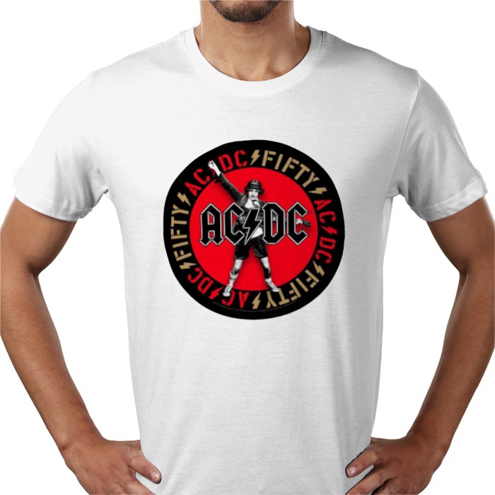 White t-shirt with AC/DC graphic design on a white background