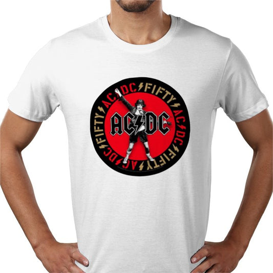 White t-shirt with AC/DC graphic design on a white background