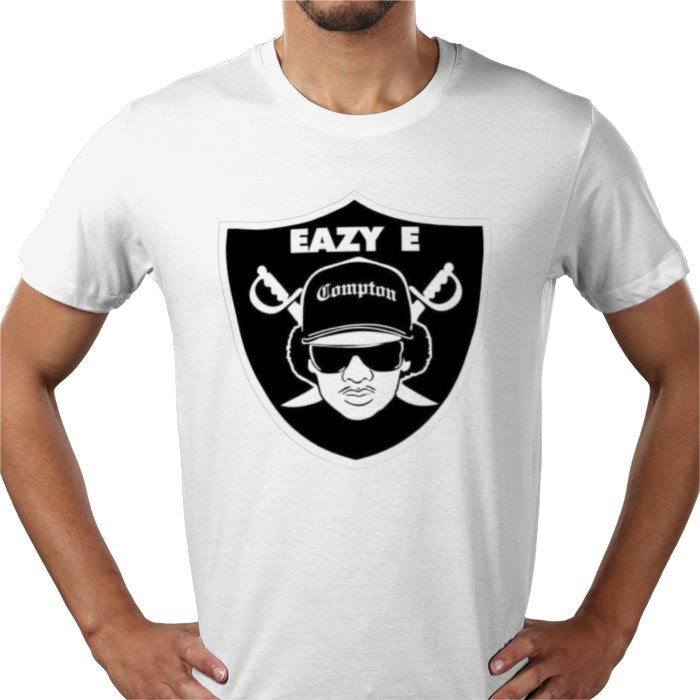 White t-shirt with a black graphic design featuring a person wearing sunglasses and a cap, with 'Eazy E' text, on a white background.
