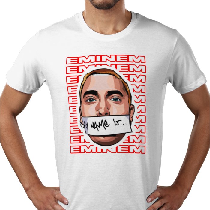 White t-shirt with graphic design of a person with taped mouth and 'Eminem' text.