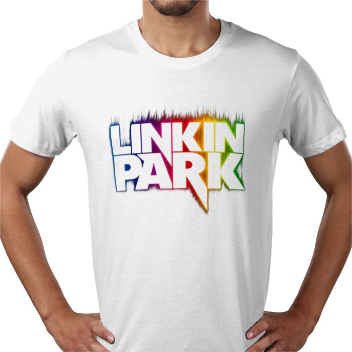 White t-shirt with colorful 'Linkin Park' logo worn by a person