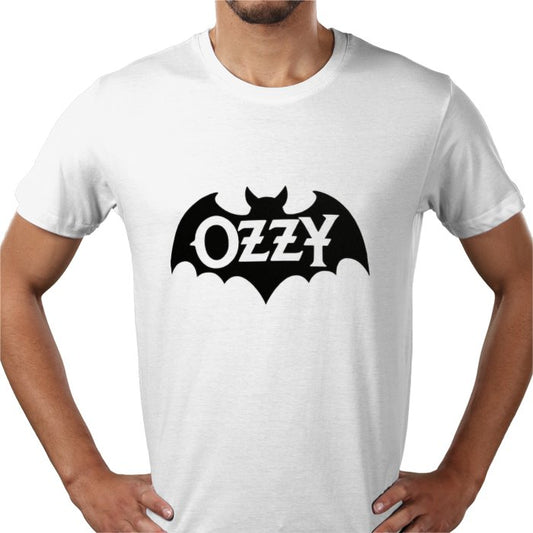 White t-shirt with a black bat-shaped logo and 'Ozzy' text on a white background