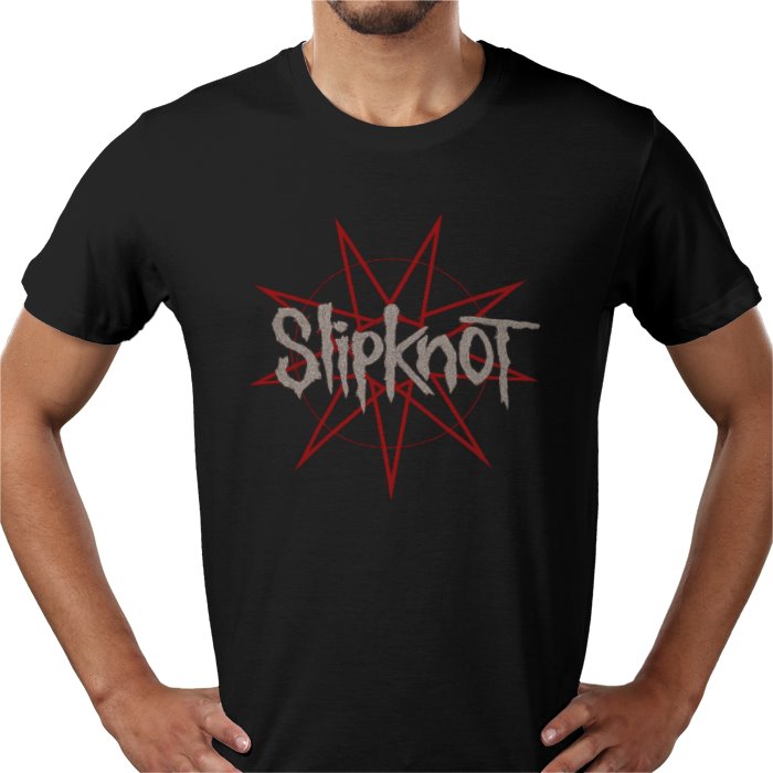 Black t-shirt with Slipknot logo worn by a person on a white background