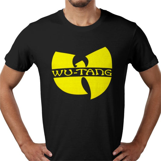 Black t-shirt with yellow Wu-Tang logo worn by a person on a white background
