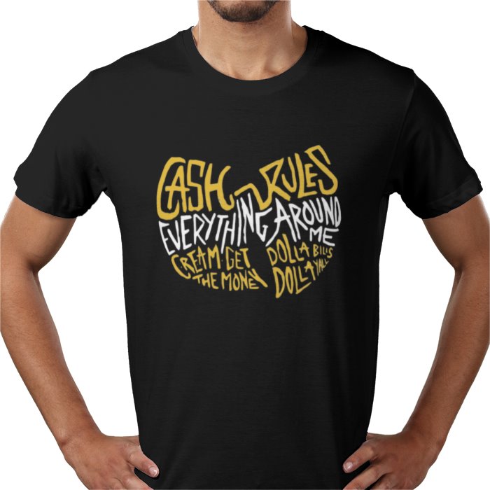 Black t-shirt with yellow and white text worn by a person on a white background