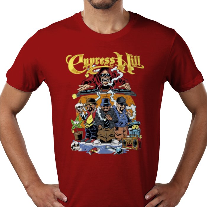 Red t-shirt with Cypress Hill graphic design on a white background
