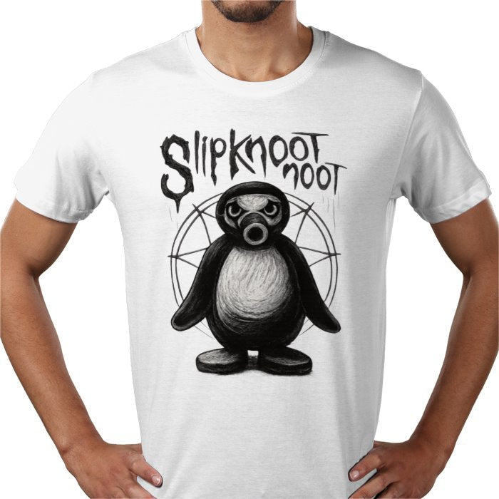 White t-shirt with a graphic design of a Noot Noot and death metal style and text on a white background